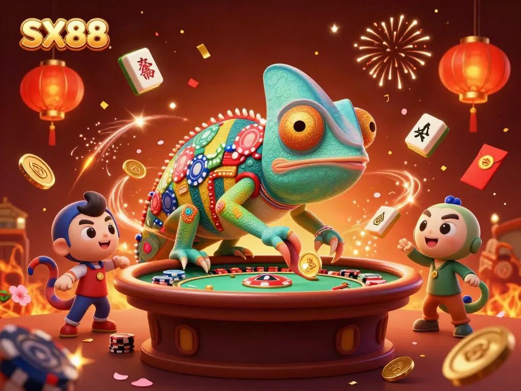 SX88 chameleon casino owner surrounded by vibrant gaming elements and festive atmosphere