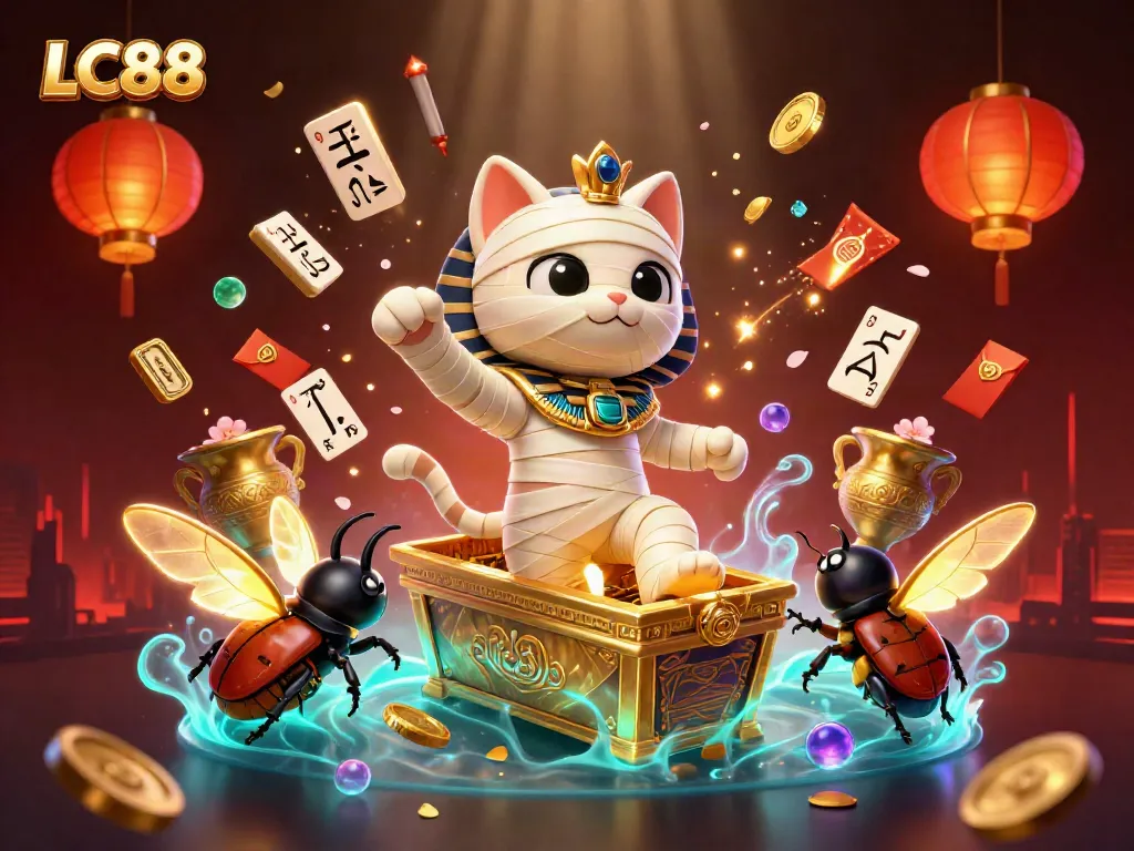 Play dynamic games at LC88 with a vibrant mummy cat in a pyramid casino.