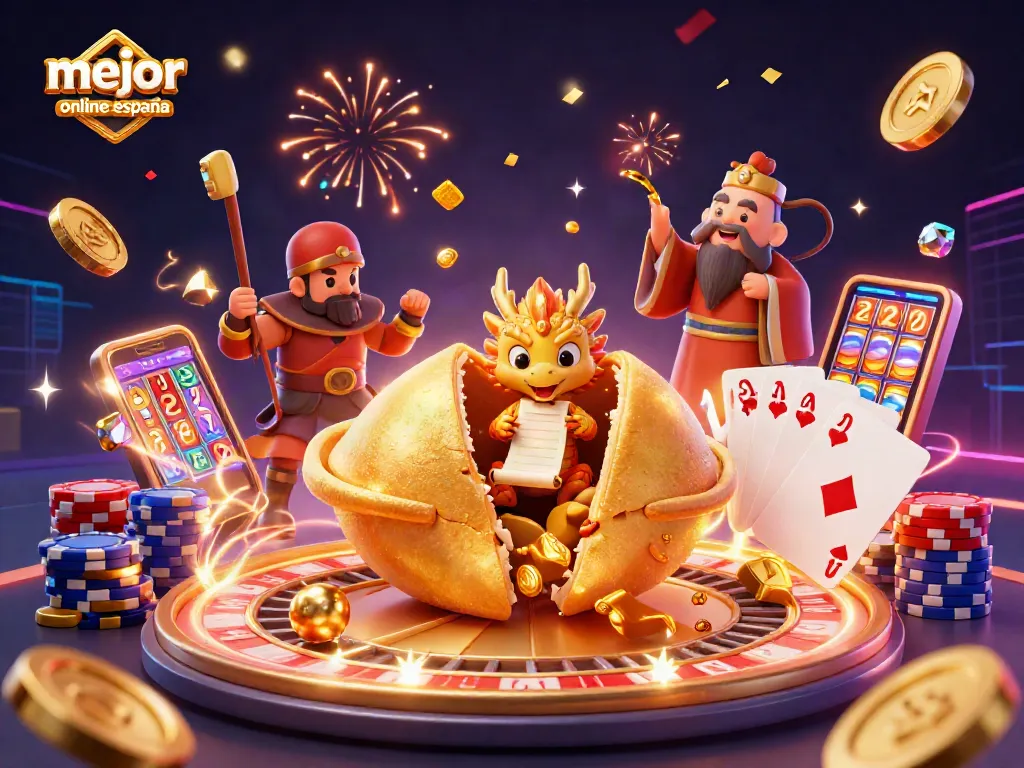 Disfruta del mejor casino online España con una ilustración de una galleta de la fortuna dorada.