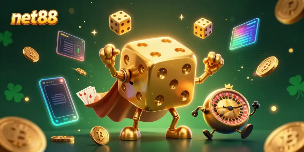 Experience fortune and excitement with net88's dynamic casino scene featuring golden dice and crypto elements.