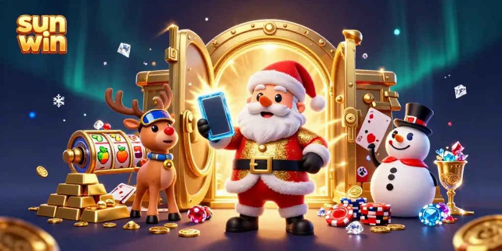 Experience the thrill of sun win gaming with Santa, dealer reindeer, and chip-top hat snowman in a rich casino scene.