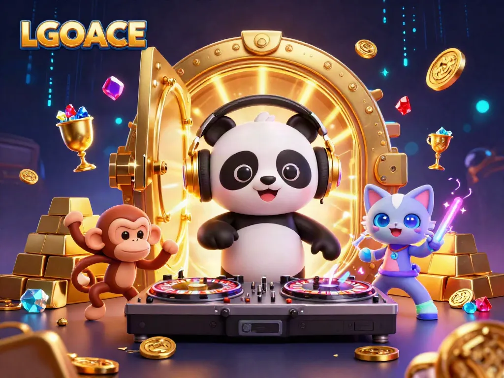 Experience thrilling gameplay at LGOACE with lively casino characters celebrating wins amid treasures.