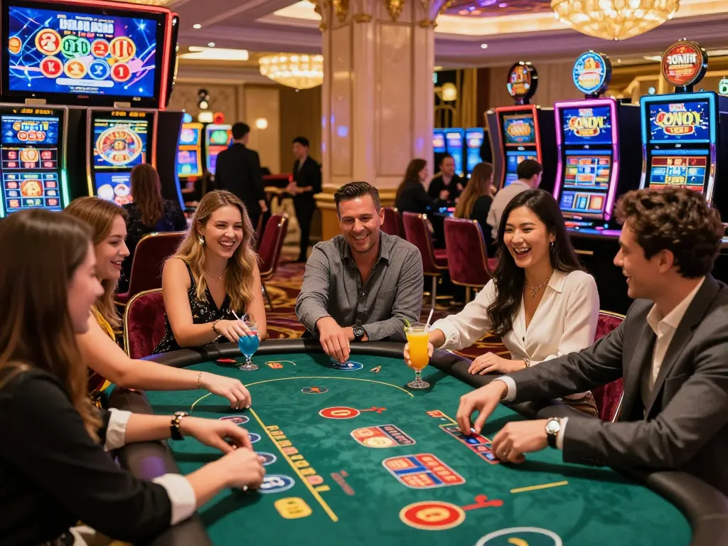 Exciting casino hong kong experience at Silversea Shadow Casino with friends enjoying games and cocktails.