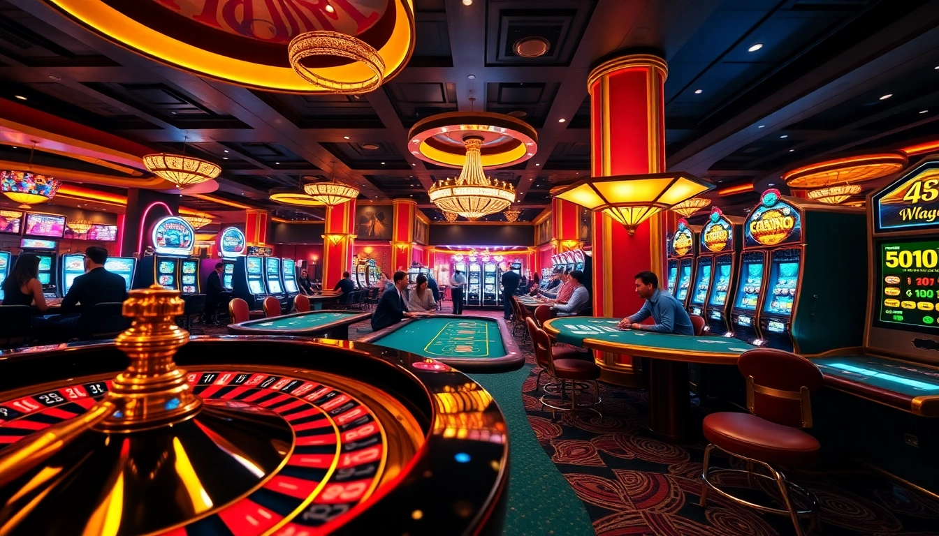 Experience the thrilling moment at LuckyWin with players enjoying roulette and poker in a glamorous casino.