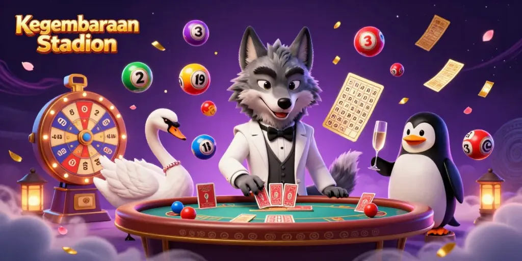Kegembiraan Stadion showcased with a debonair wolf and elegant swan in a lively casino environment.