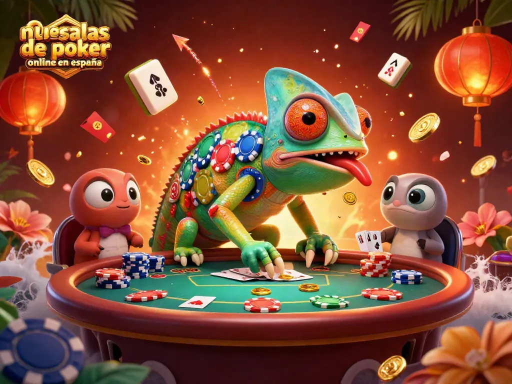 Ilustra nuevas salas de póker online en España con un camaleón dueño de casino transformándose entre fichas de póker.