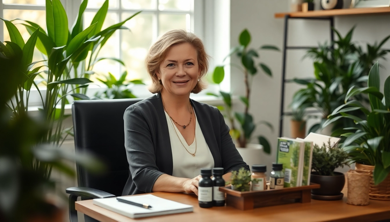 Praticienne de naturopathie RME Lausanne dans un cabinet accueillant, entourée de remèdes naturels.