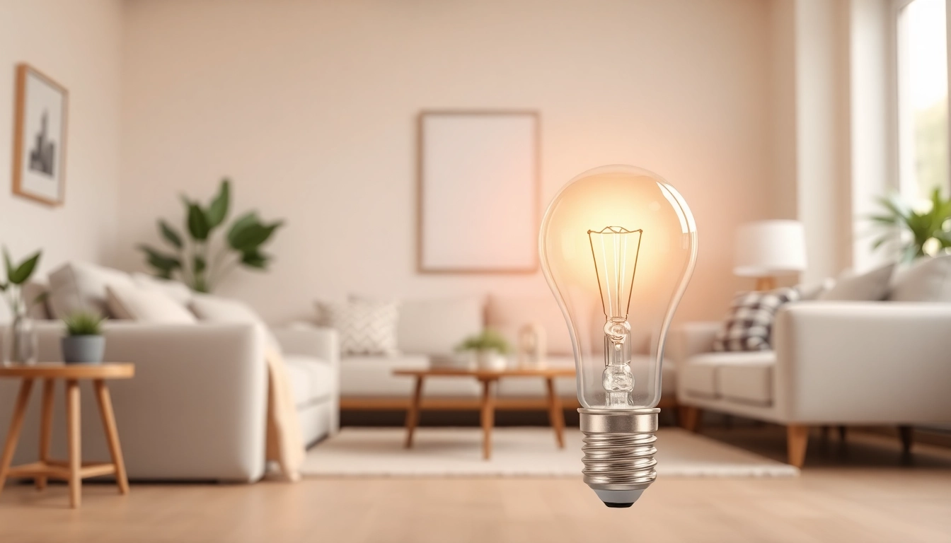 What is an A19 light bulb illuminating a cozy living room with modern decor.