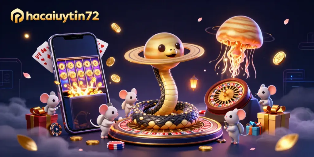 Engage in thrilling bets with astronaut mice and a Jupiter-sized cosmic dealer in this vibrant nhacaiuytin72 casino scene.