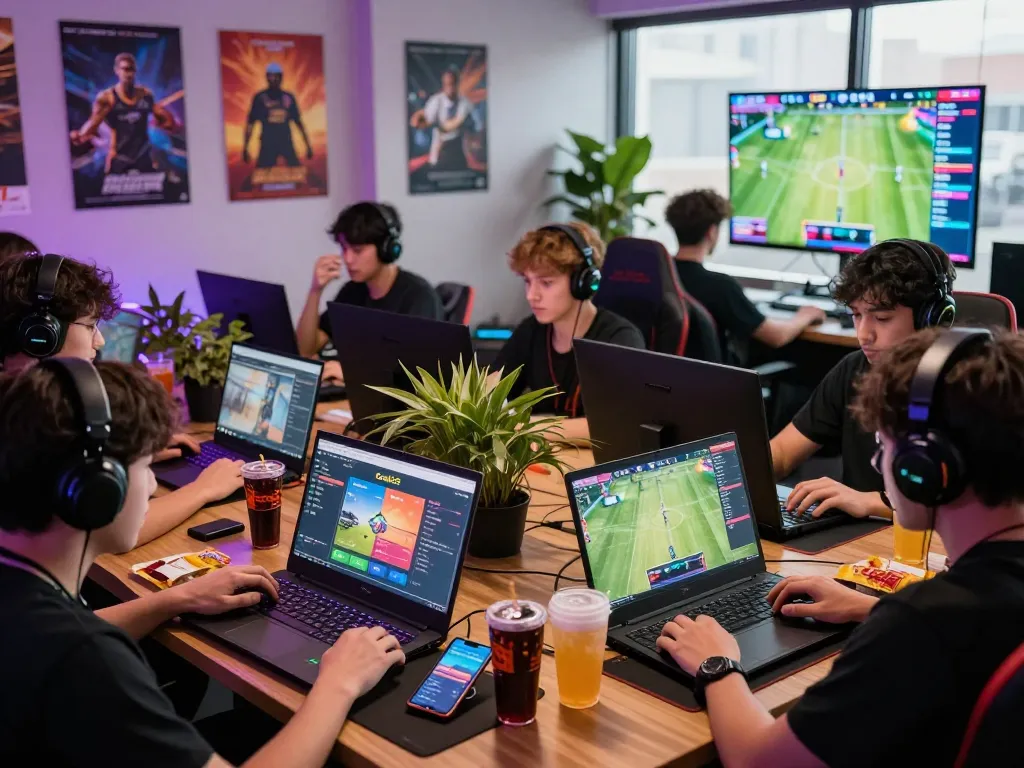 Gamers engaged with Goal123 online gaming platform, showcasing competitive play and vibrant interface.