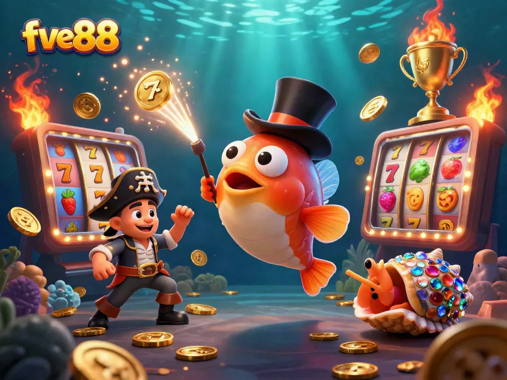 Join the excitement at five88 with a vibrant underwater casino scene featuring an anglerfish and friends.