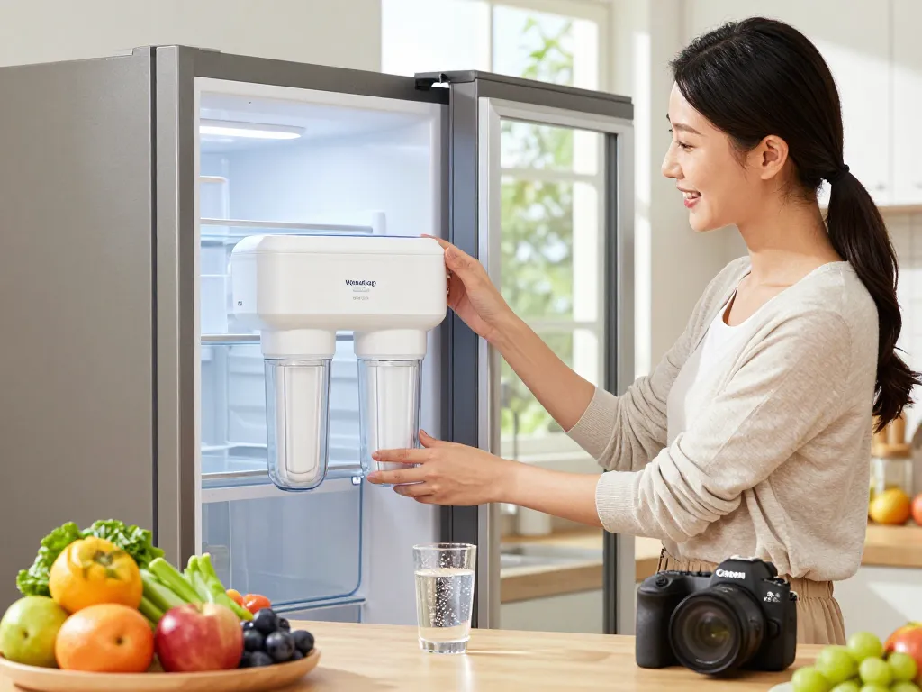 Installing the Waterdrop Plus DA29-00003G NSF 401 Refrigerator Water Filter in a bright kitchen, promoting family health.