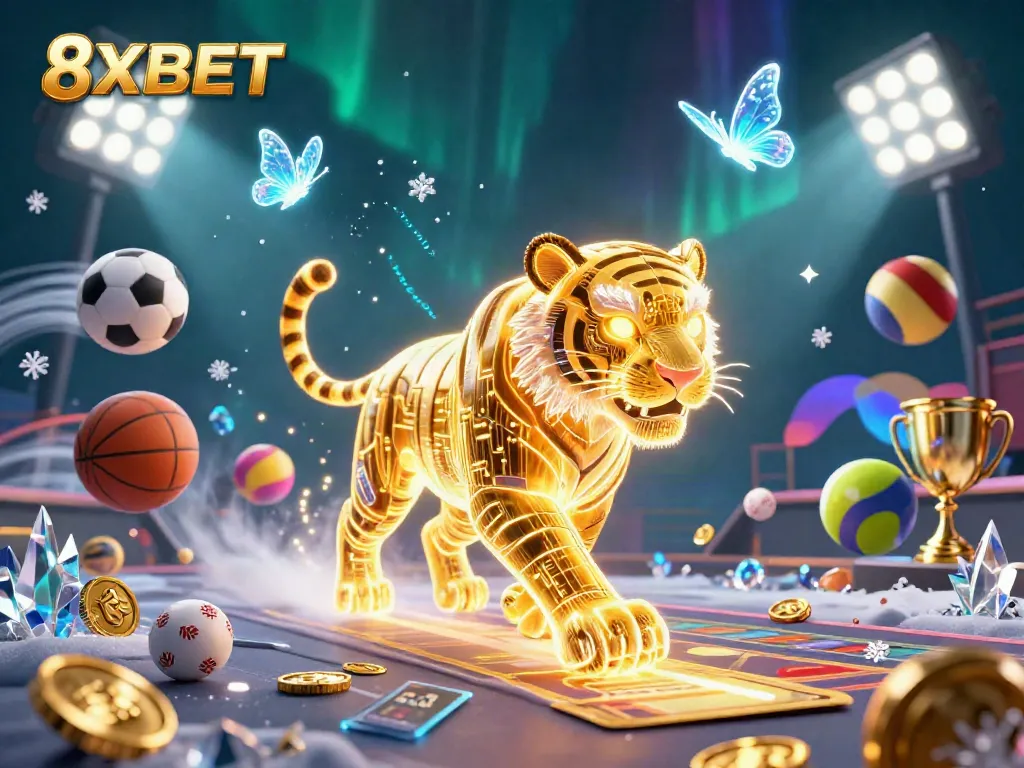 Engage with exciting 8XBET gaming scenes showcasing a neon tiger and vibrant casino elements.