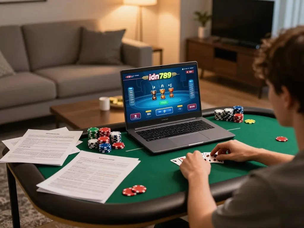 Pemain merencanakan strategi dalam permainan poker online idn789 dengan chip dan catatan di meja.