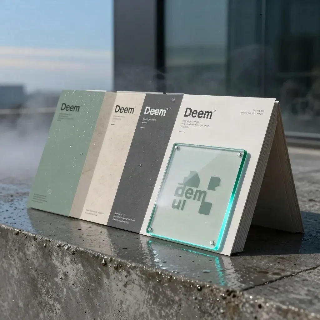 Blue-hour brand identity installation with sample cards, mockup boards and cyan-lit acrylic tiles.