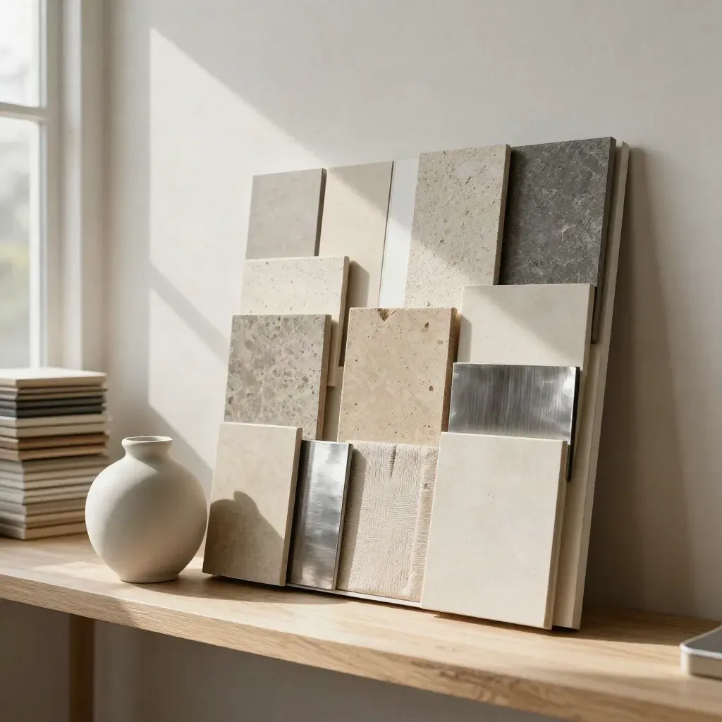 Brand strategy board with material chips and a ceramic vessel in warm window light.
