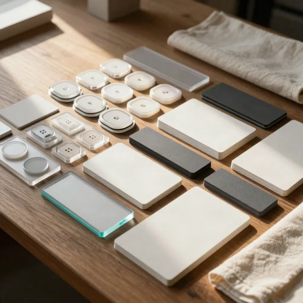 Top-down UI component blocks on a walnut workbench with cyan edge light