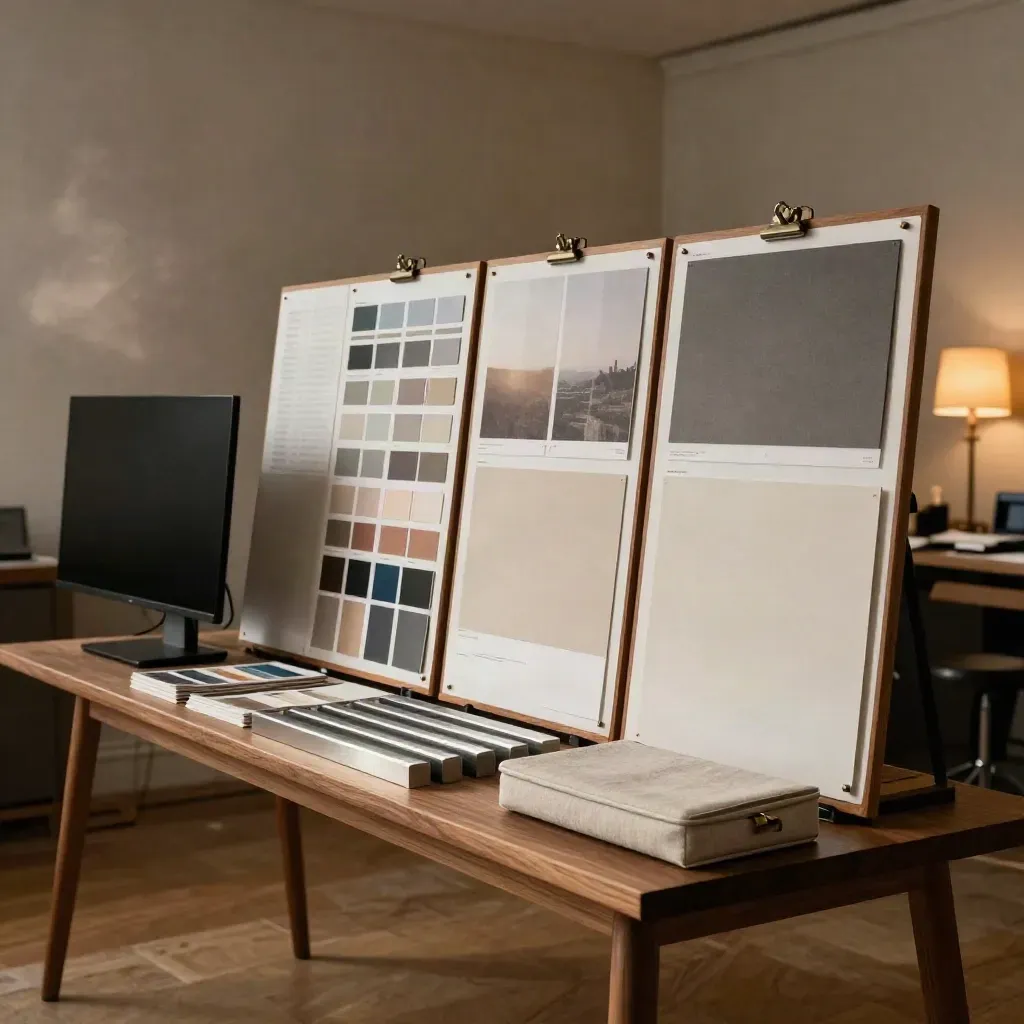 Cozy studio corner with demo boards, sample bars, and a dark monitor in warm evening light.