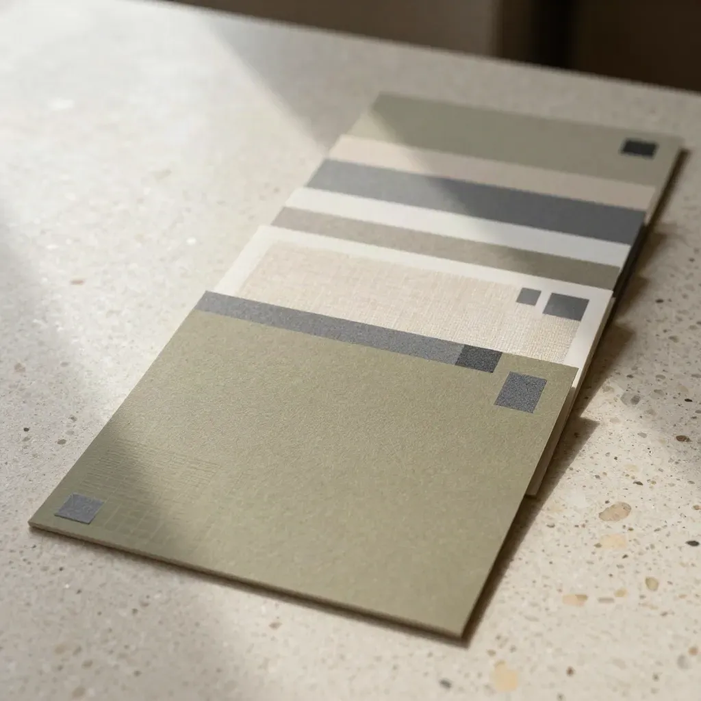 Diagonal cascade of abstract social template cards, acetate slats, and slate chips on travertine.