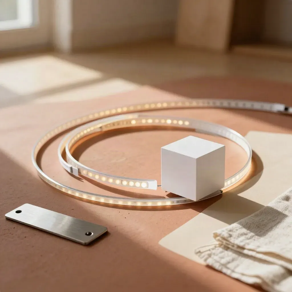 Looped LED strip, acetate frames and a tiny playback cube in warm studio light.
