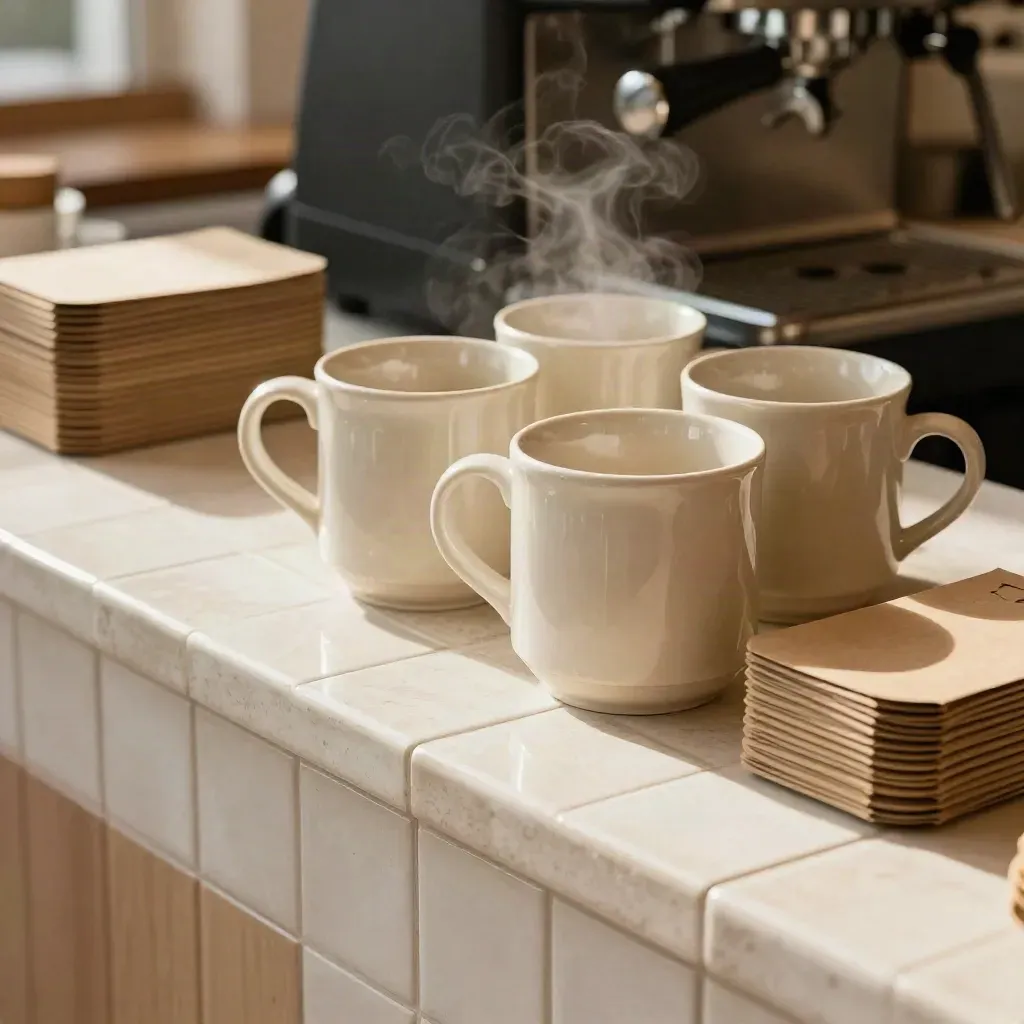 Macro of a tidy cafe counter with ceramic mugs, takeaway sleeves, tiles and faint steam.