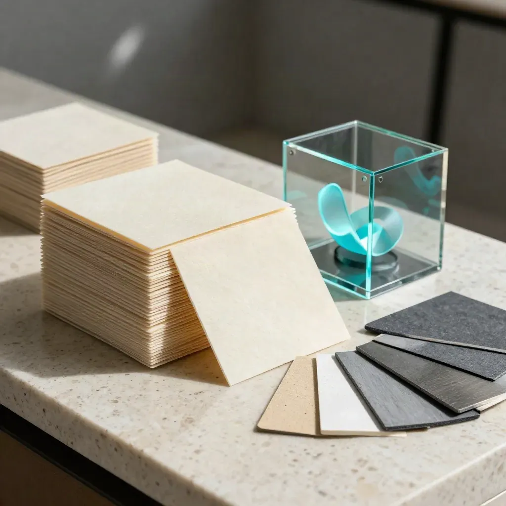 Prepared template sleeves, cyan preview cube, and color chips on travertine.