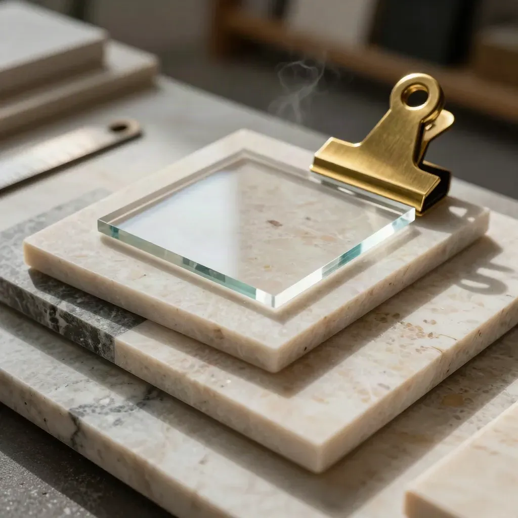 Travertine samples, color swatches, acrylic logo tile and brass clip in dramatic studio light