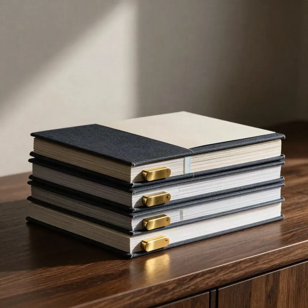 Moody pitch deck stack with brass weights and a blank projection wash in a dark studio.