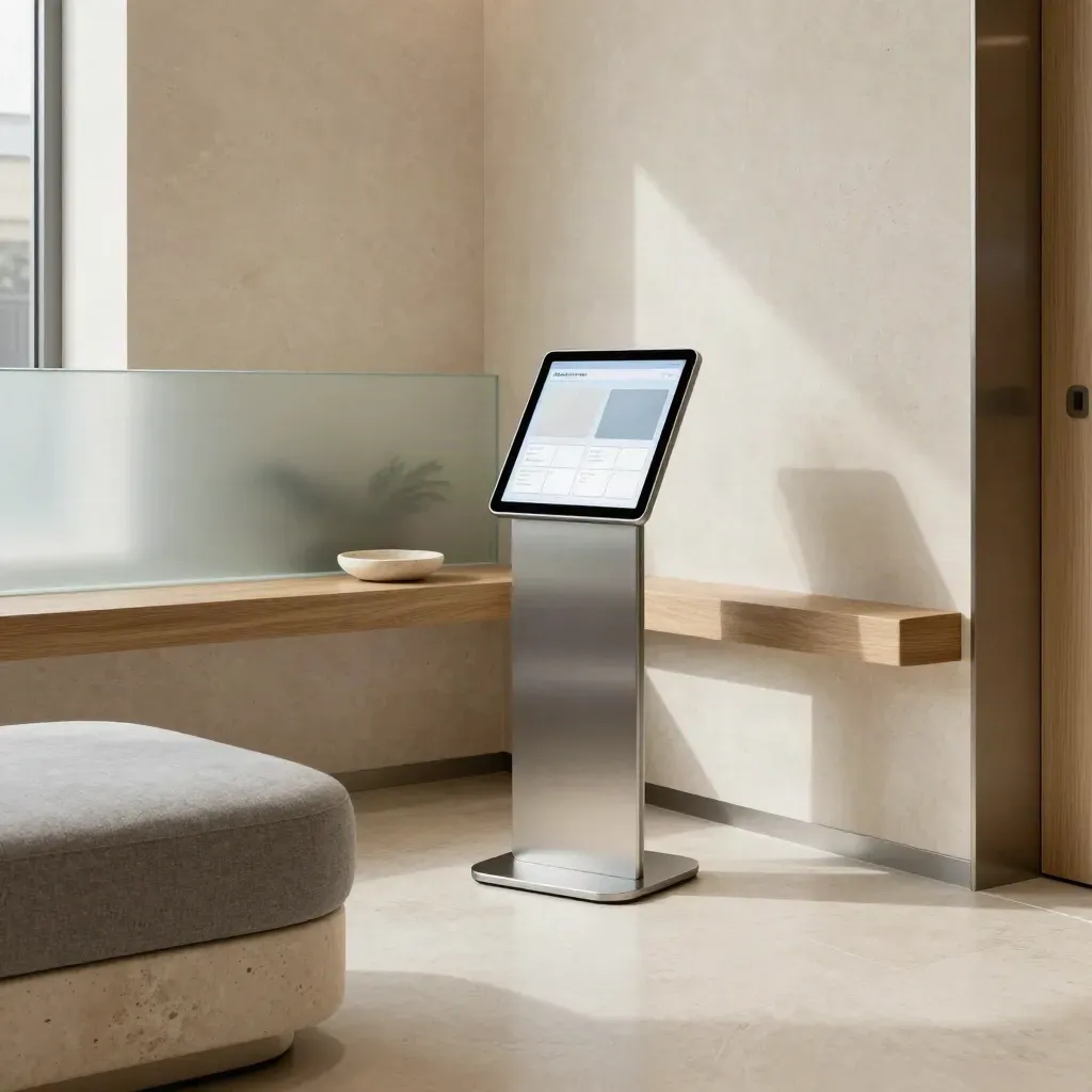 Calm clinic booking corner with tablet stand, stone dish, and slate upholstered seating.