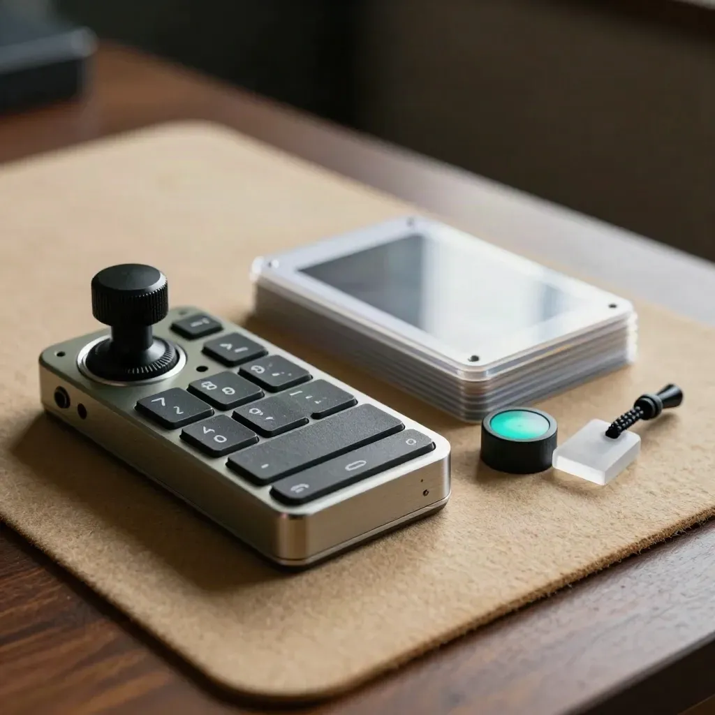 Macro of an animation controller, translucent frame cards, and a cyan test puck on a workbench.