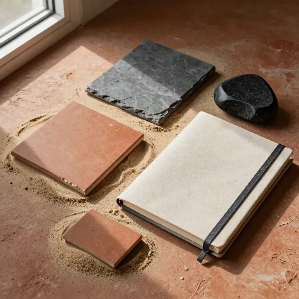 Overhead still life of tone chips, clay sample, notebook, and black stone on terracotta surface.
