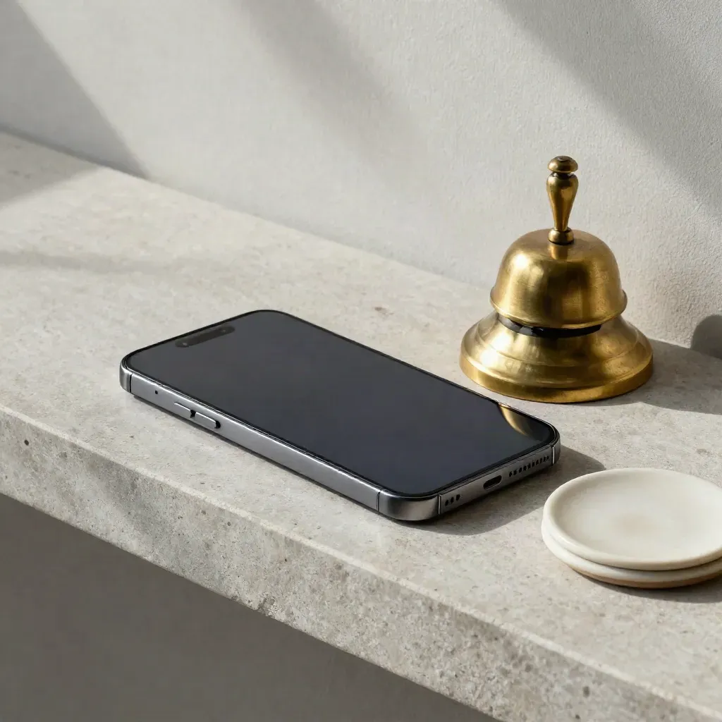 Face-down phone vibrating beside a brass bell and ceramic coaster on a stone shelf.