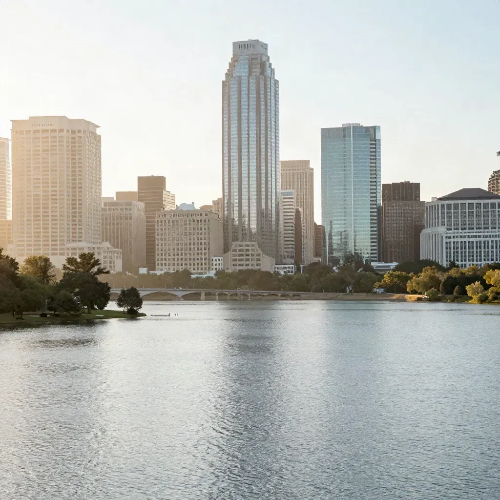 Austin skyline glowing above misty Lady Bird Lake at sunrise, calm water below