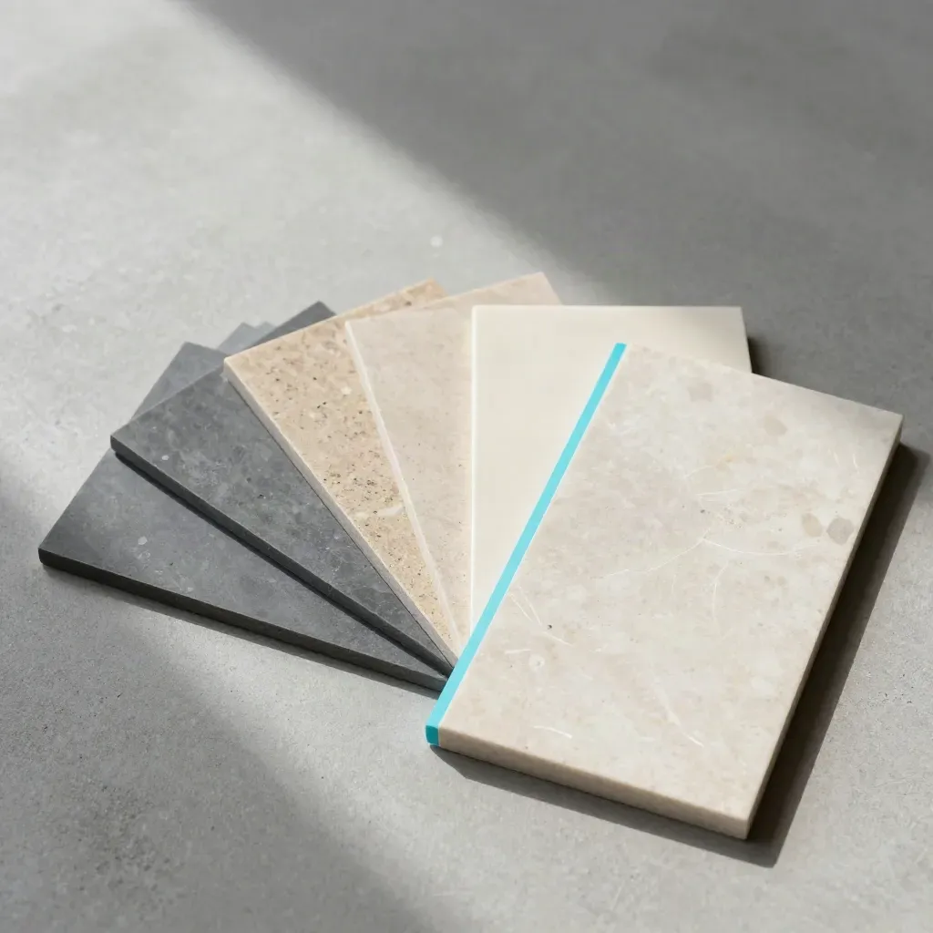 Overhead palette swatches with a stone sample and cyan accent on concrete
