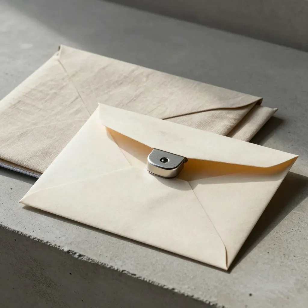 Archival envelope, brushed metal drive, and linen sleeve on a pale concrete sweep.