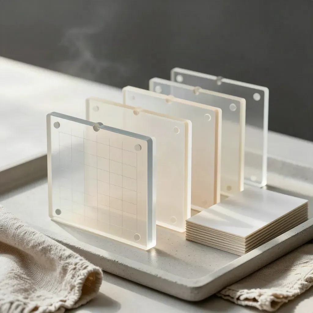Concrete tray with acrylic modules, grid board, stacked samples, and linen cloth