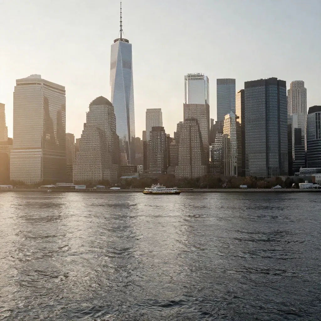 Lower Manhattan skyline over the Hudson with ferries in warm haze