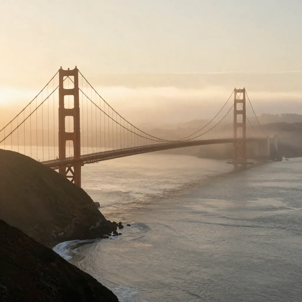 Golden Gate Bridge and Marin headlands in warm fog above calm water