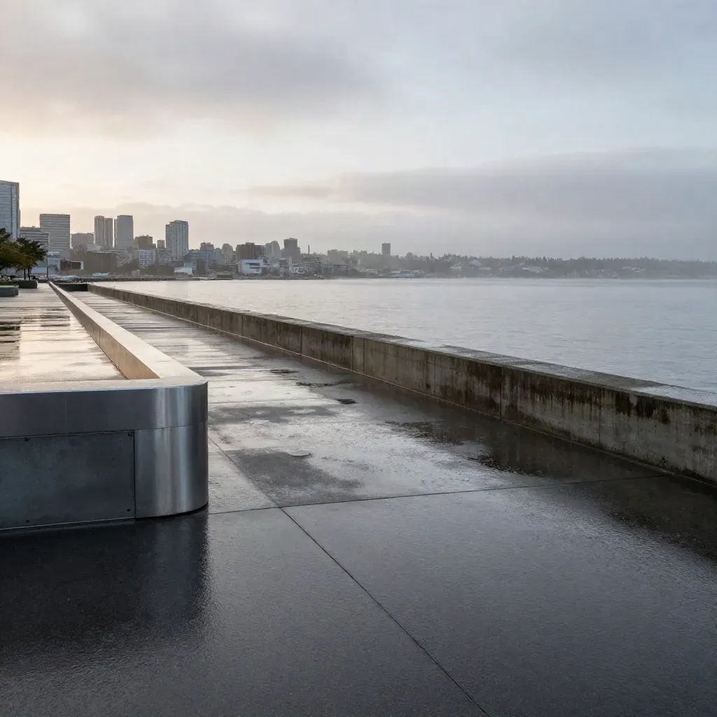 Rain-washed Seattle waterfront concrete and steel with distant skyline under low cloud.