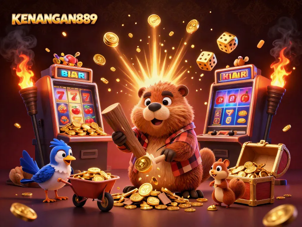 Experience winning moments on KENANGAN889 with a lively beaver and friends in a dynamic casino scene.
