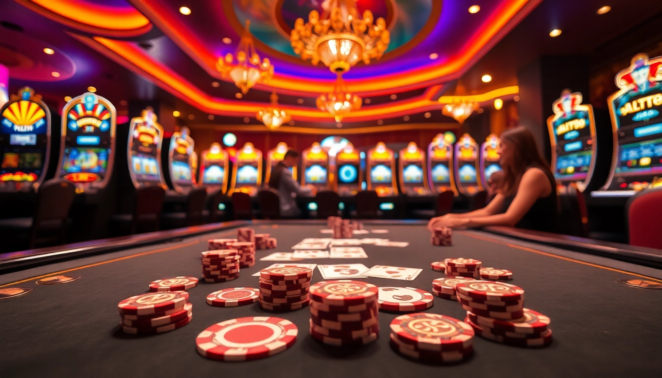 LUCK8 themed casino scene with poker table, colorful chips, and vibrant slot machines.