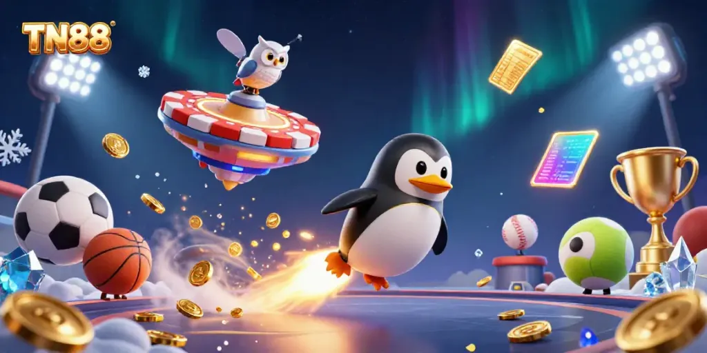 Experience thrilling betting action with TN88's vibrant cartoon penguin and casino elements in space.