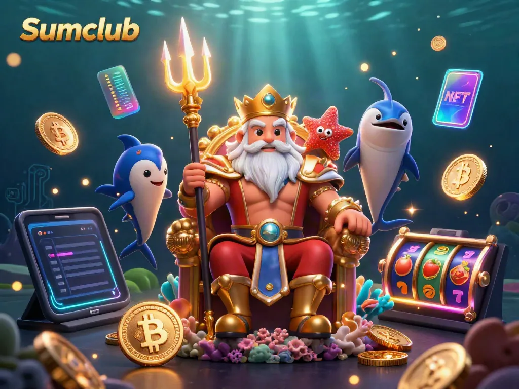 Experience the vibrant world of Sumclub with a thrilling 3D underwater casino scene featuring Neptune and slots.