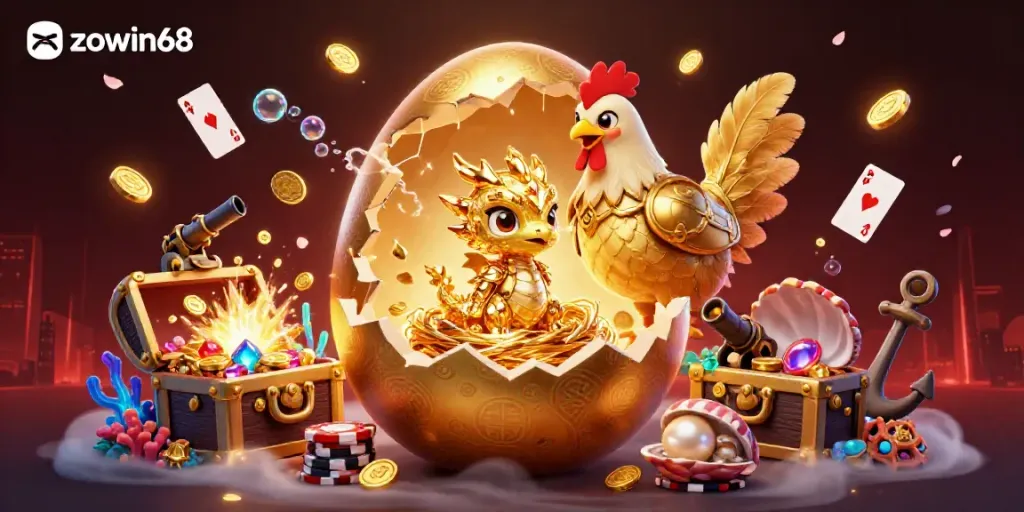Zowin68 transforms gameplay with a golden dragon guarding poker chips amidst casino treasures.