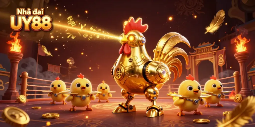 Experience the excitement of Nhà cái UY88 with a golden rooster robot in a vibrant casino scene.