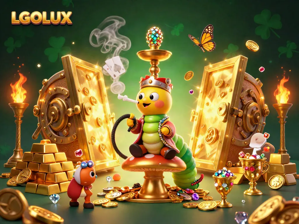 Experience LGOLUX's thrilling casino adventure with a 3D illustration featuring vibrant characters, coins, and treasures.