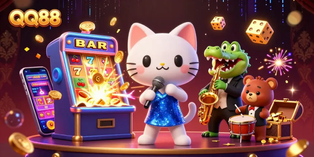 Engage with QQ88's captivating casino experience illustrated with dynamic characters and vibrant gaming elements.