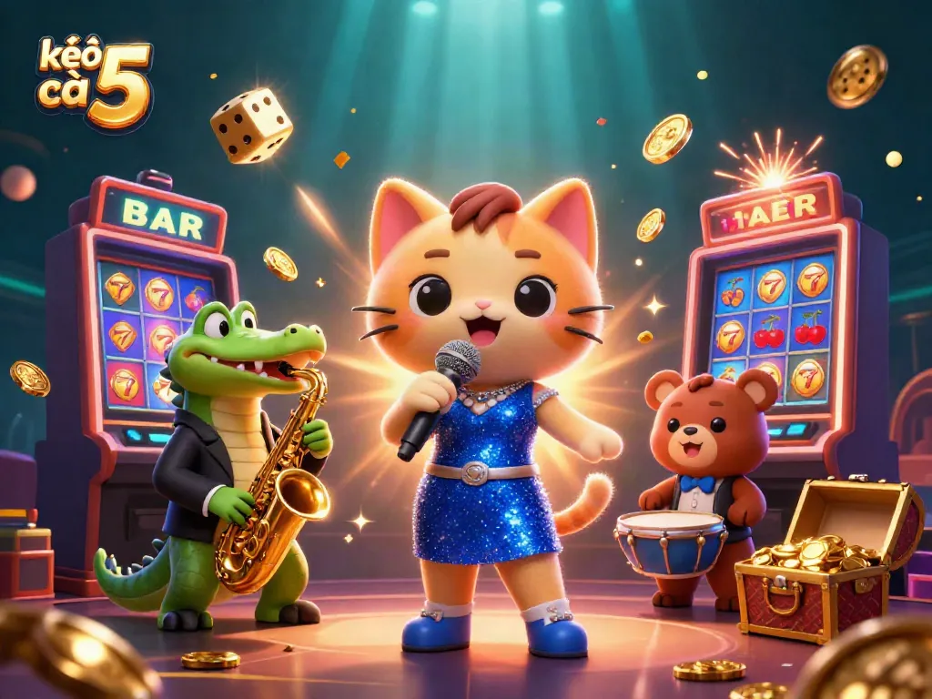 Experience the excitement of kèo nhà cái 5 with lively characters on a vibrant casino stage.