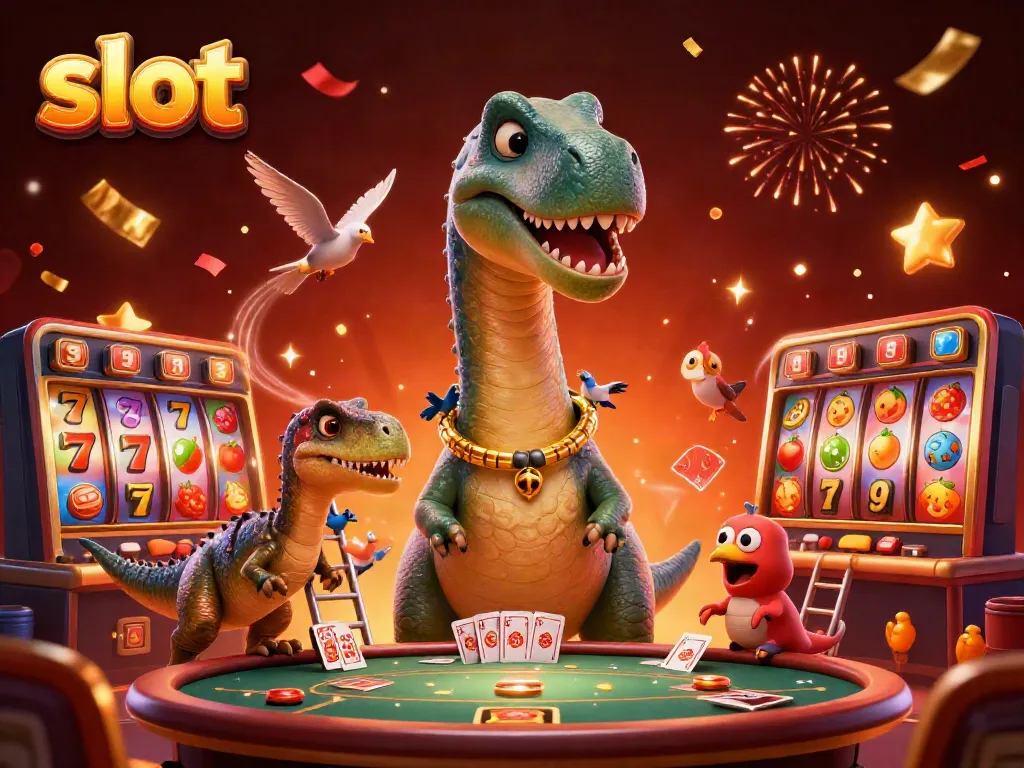 Experience thrilling slot action with a colossal brontosaurus overseeing a vibrant casino scene.