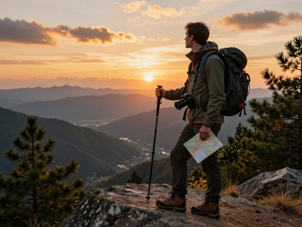 Traveler at scenic viewpoint during sunset showcasing the man88 adventure spirit amidst stunning mountain landscapes.
